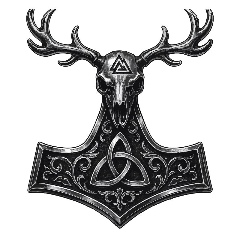 Crâne de cerf Valknut | Symbole païen de Mjölnir