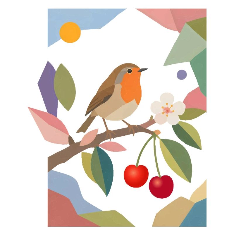 Rotkehlchen Vogel auf Ast Kirsch Design