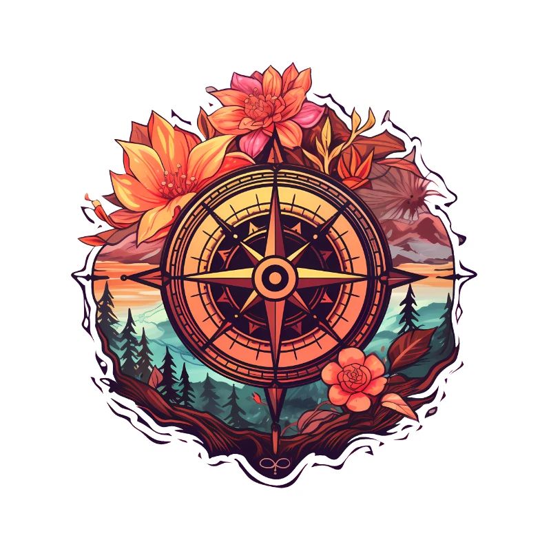 Beautiful Boho Compass with Flowers and Trees