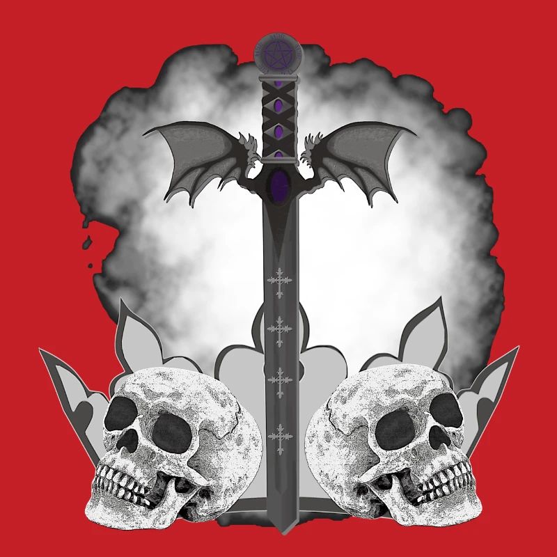 Menschenschädel, Schwerter, Dämonenflügel, vanitas
