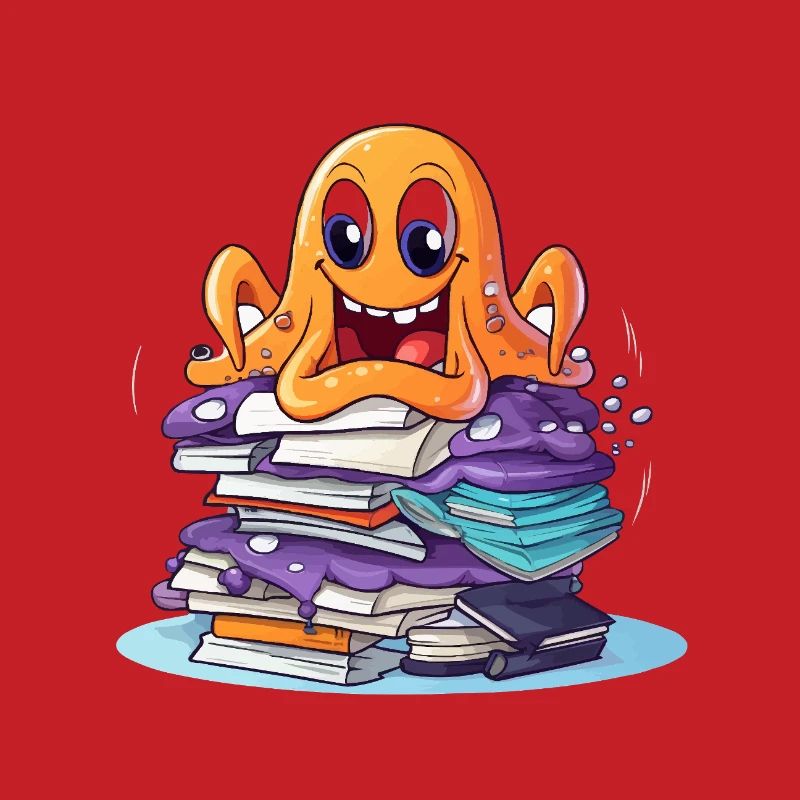 Learning octopus with stack of books