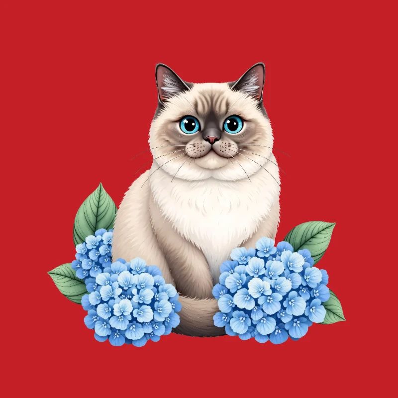 Cute Ragdoll Cat with Blue Hydrangeas
