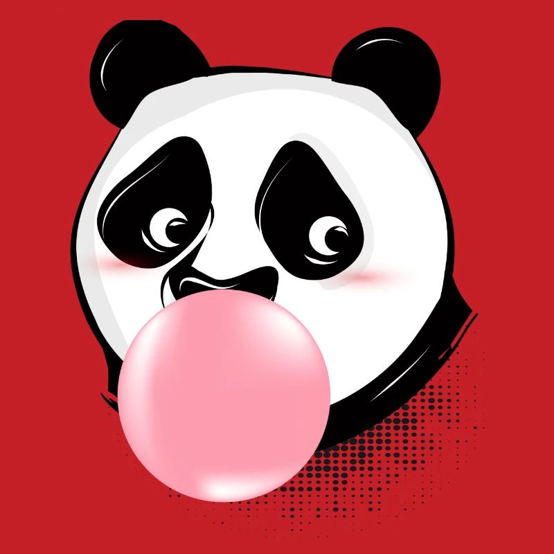 Panda makes bubble gum bubble with pink gum