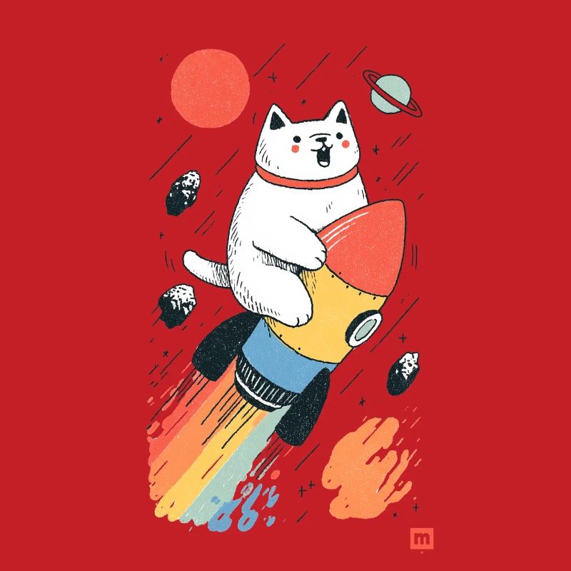 Chat sur fusée dans l’espace coloré
