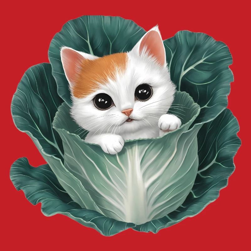 Kitten Peeking from Cabbage Leaf