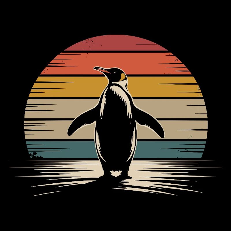 Retro Penguin Silhouette with Sunset Background