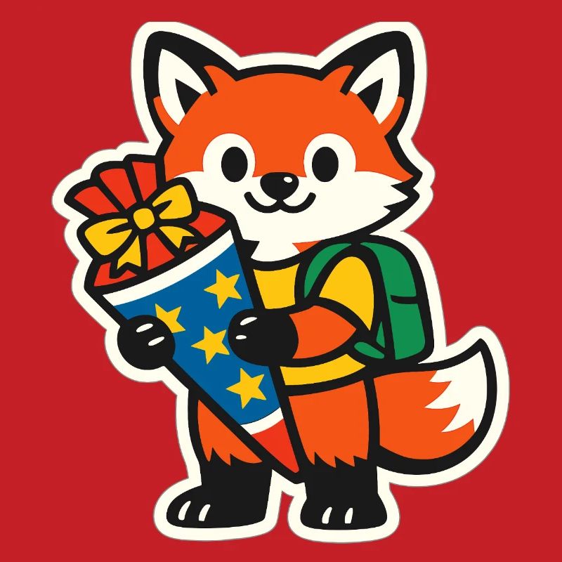 Fox with gift and backpack school enrollment
