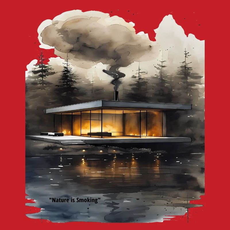 Cabane moderne éclairée par le feu sur le lac