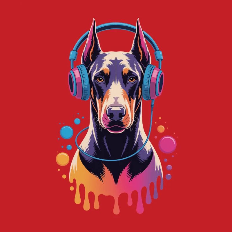 Dobermann mit Kopfhörern