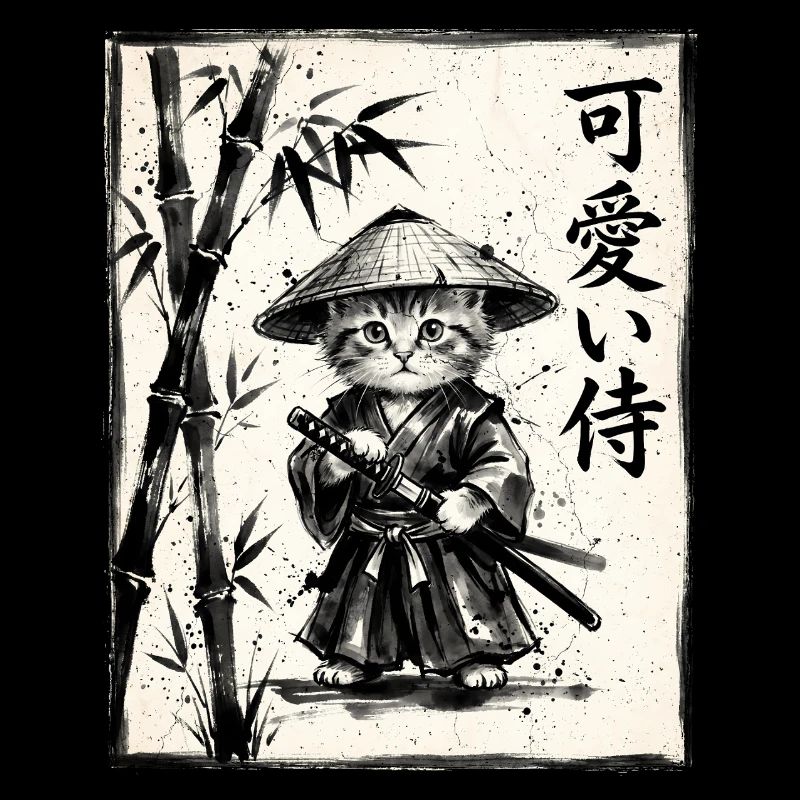 Chat samouraï Dessin à l’encre Sumi-e