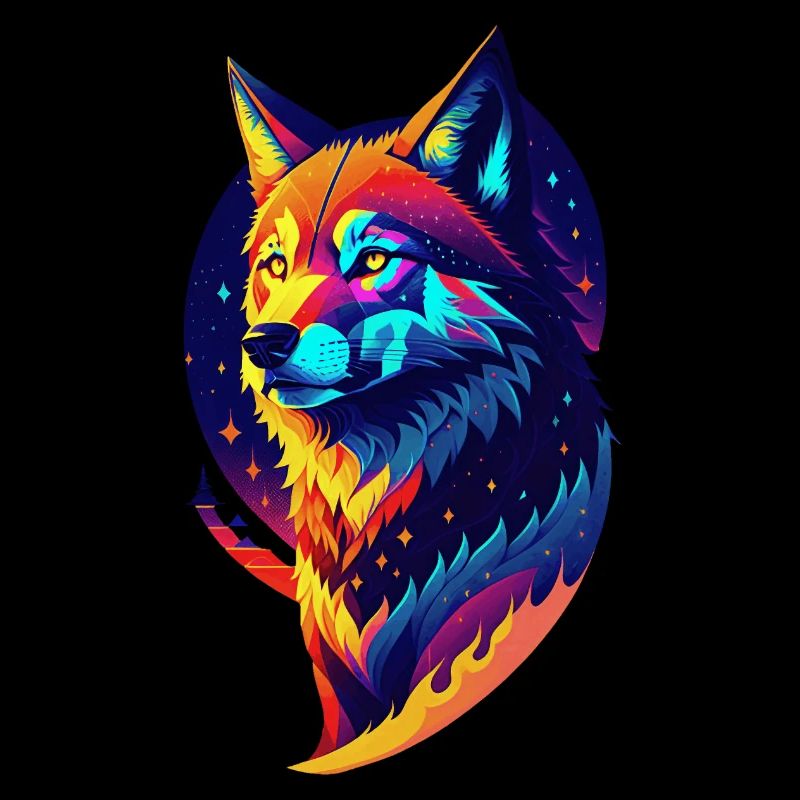 Loup dans la nuit - Décor Multicolore