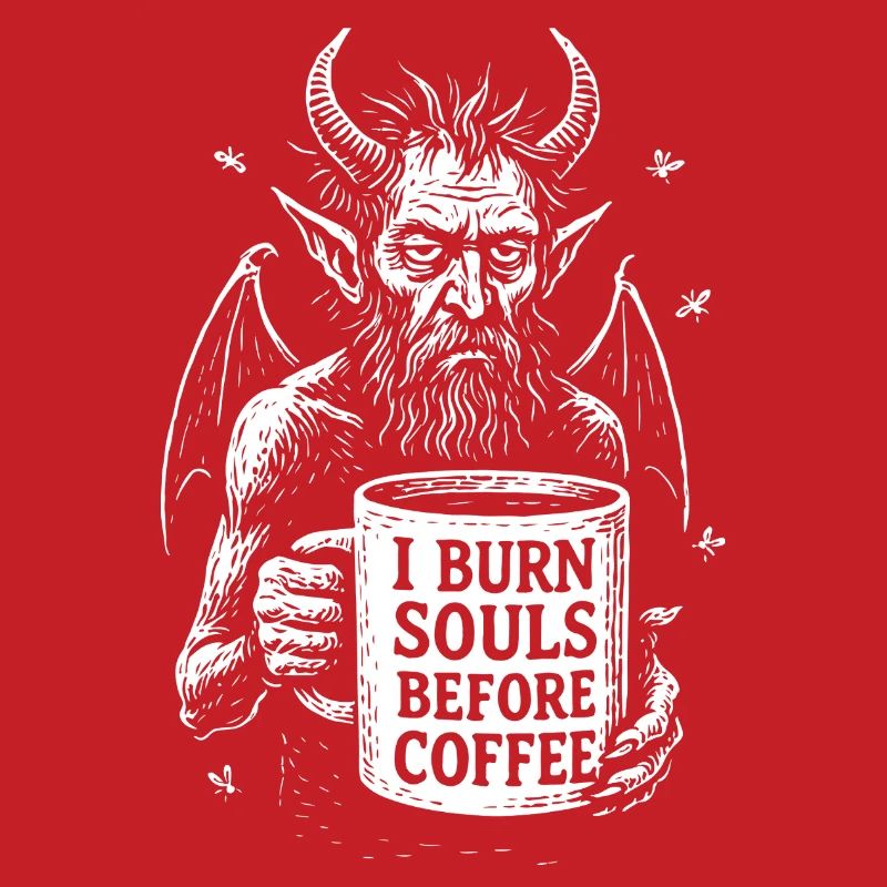 Devil with Coffee Mug I Burn Souls Before Coffee