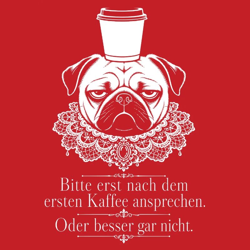 Grimmiger Mops balanciert einen Kaffeebecher