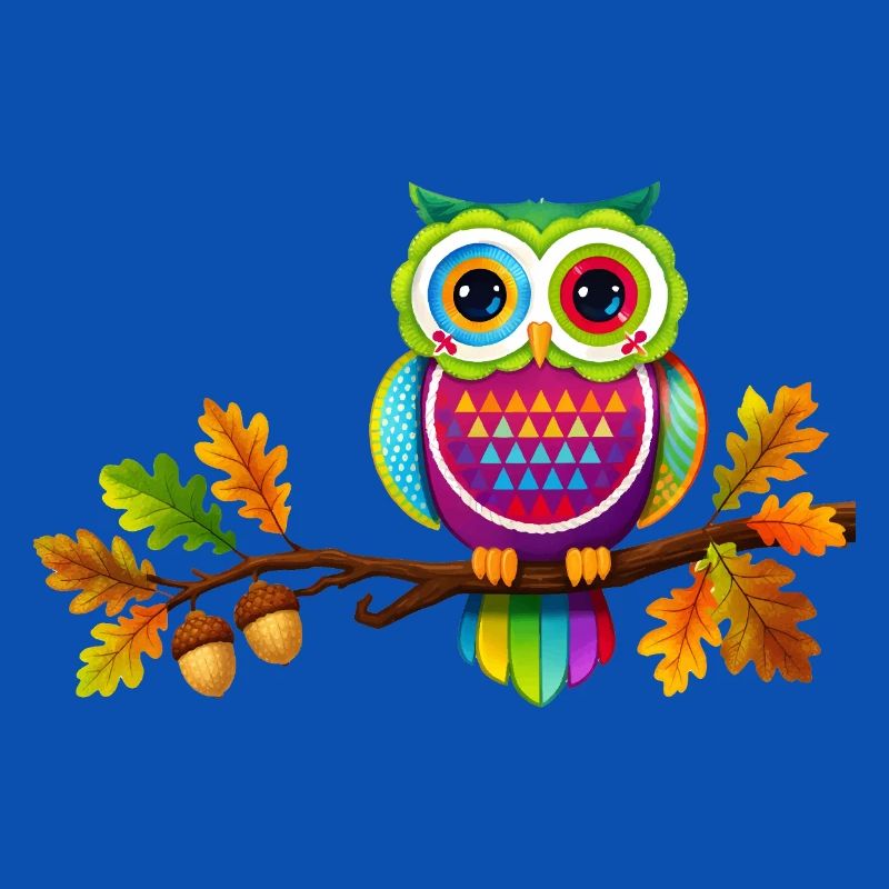 Bunte Eule auf Ast mit Herbstblättern