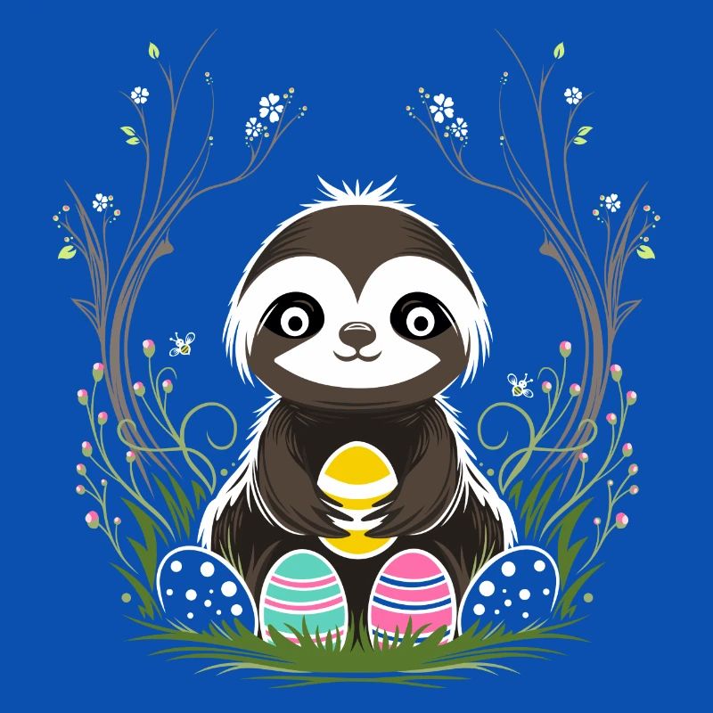 Easter Sloth with Easter Eggs in Spring