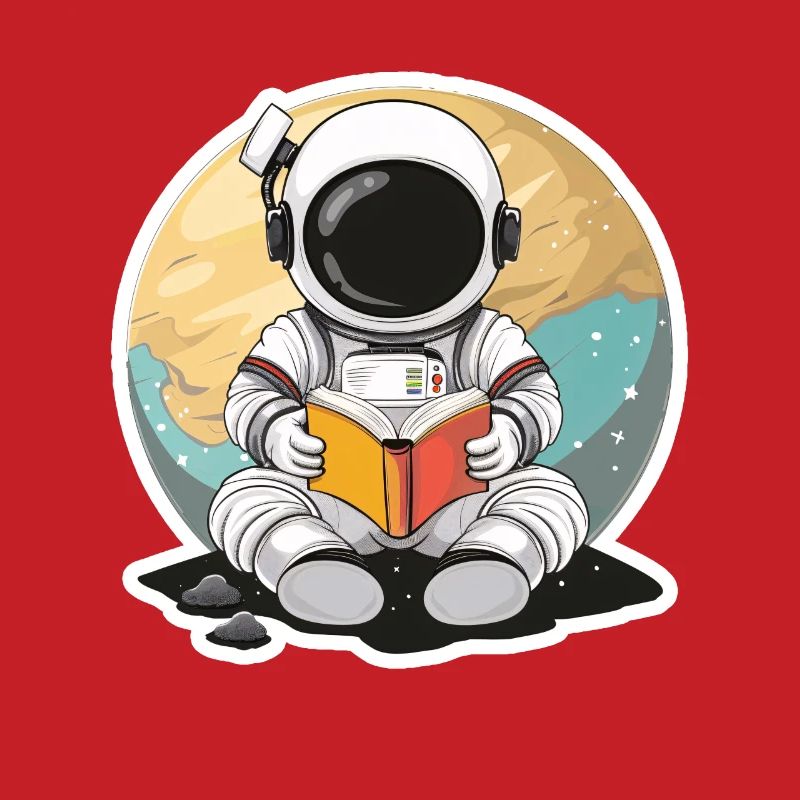 Astronaute dans l’espace devant une planète lisant un livre