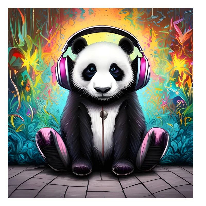 Panda mit neonfarbenen Kopfhörern
