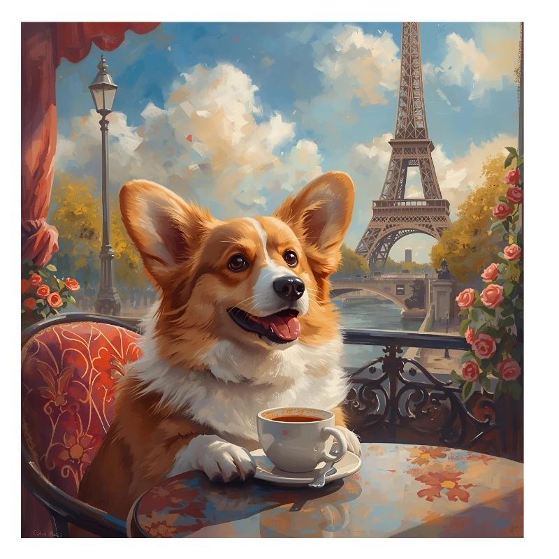 Corgi buvant du café devant la Tour Eiffel à Paris