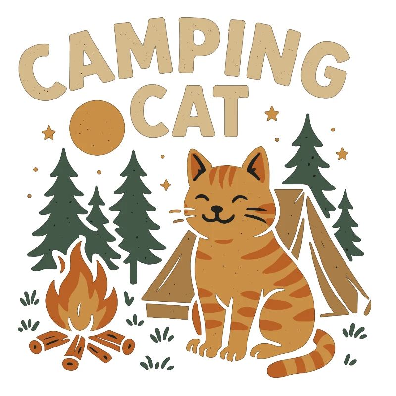 Chat de camping avec tente et feu de camp