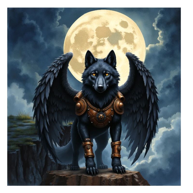 Winged wolf under full moon