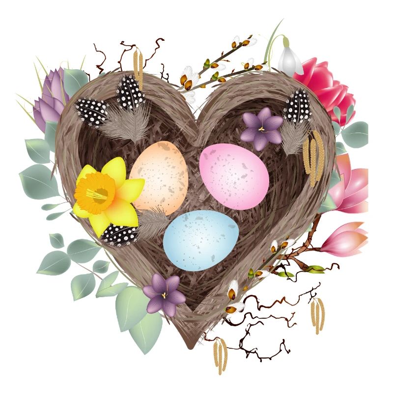 Heart-shaped nest with colorful Easter eggs