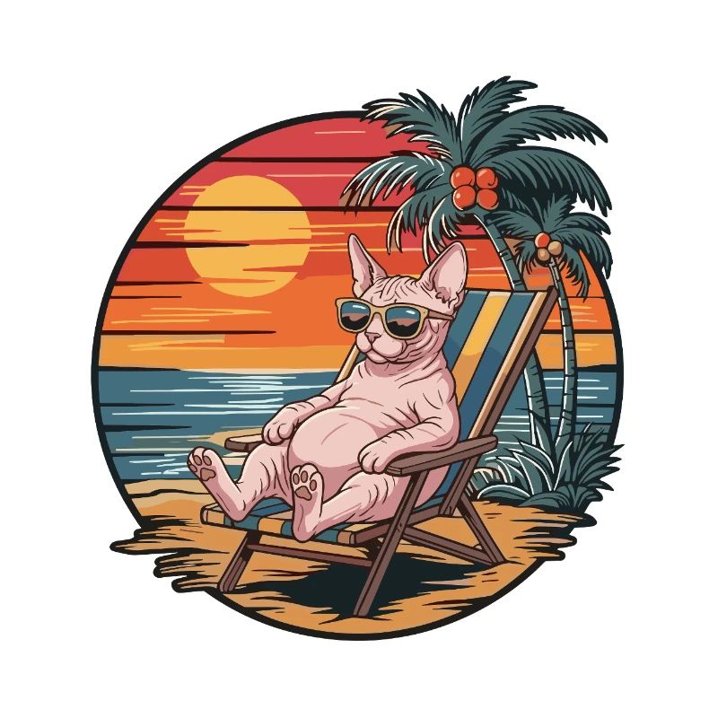 Funny Sphynx Cat on Beach Summer Vacation Sunset