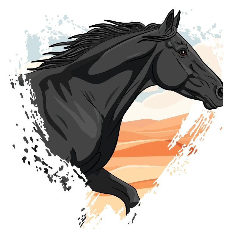 Ein schwarzes Abaga-Pferd vor einem Herzen und einer Wüste