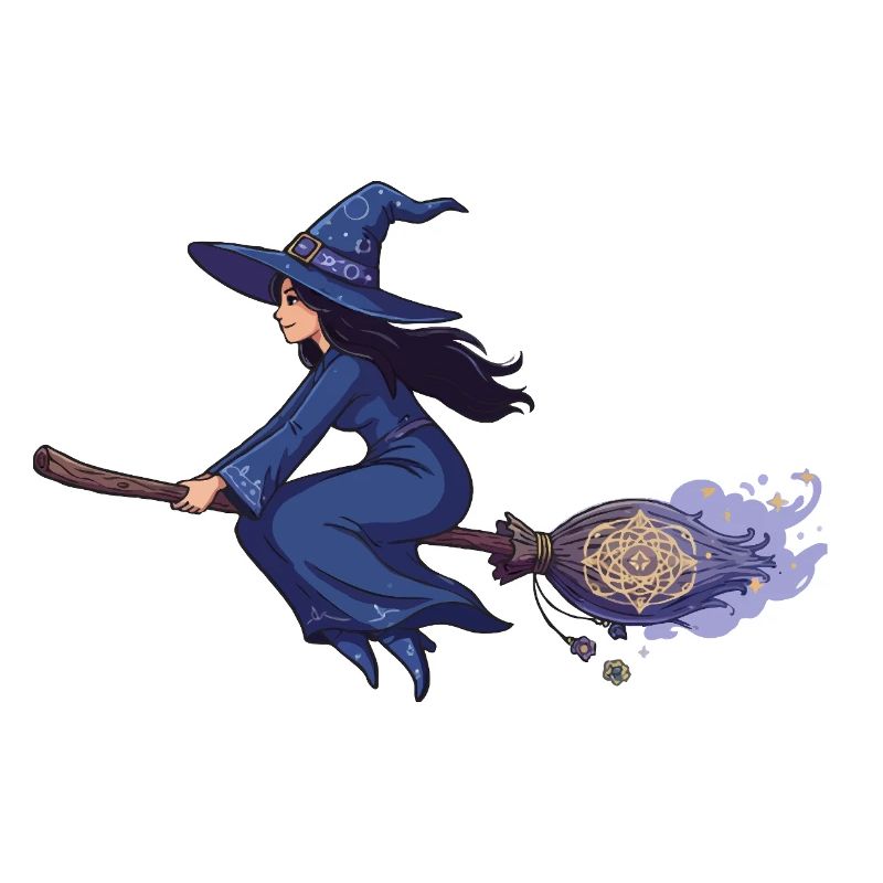 Witch on Broom in Magic Blue