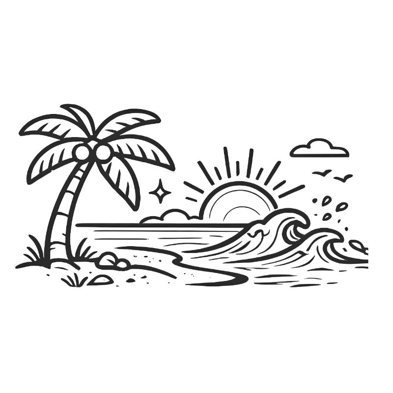 Tropical Palm Wave Line Art