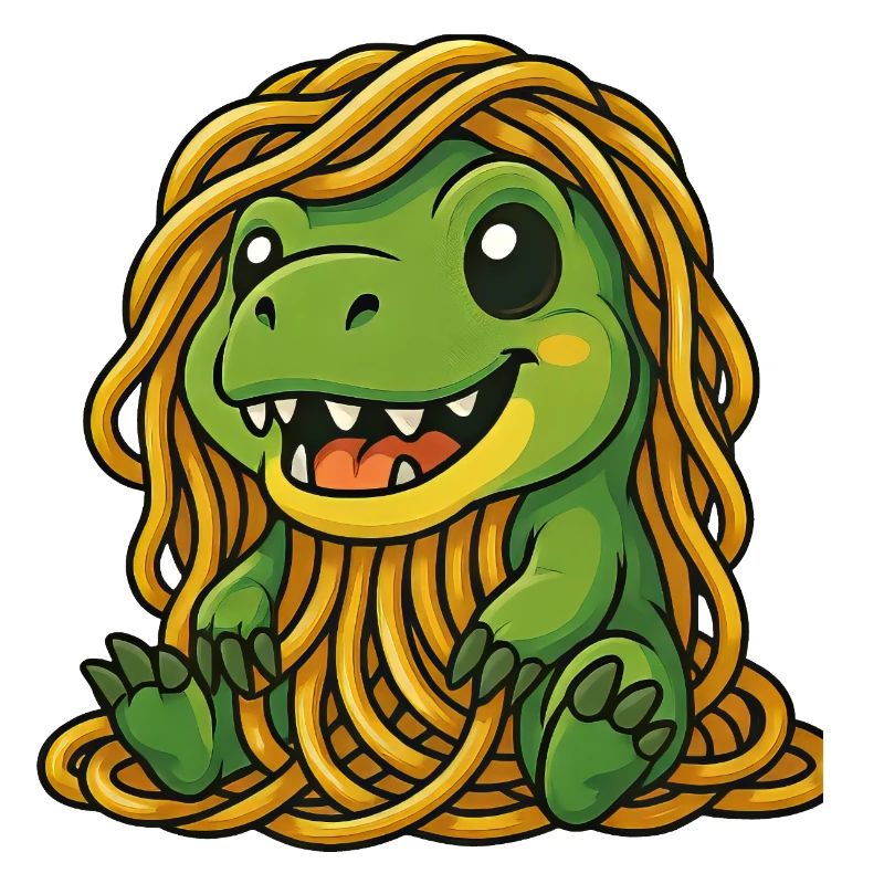 Drôle de T-Rex Dino mangeant des nouilles spaghetti