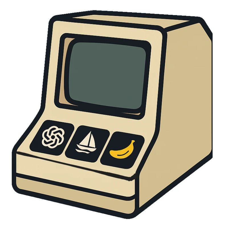 Retro AI computer with iconic symbols