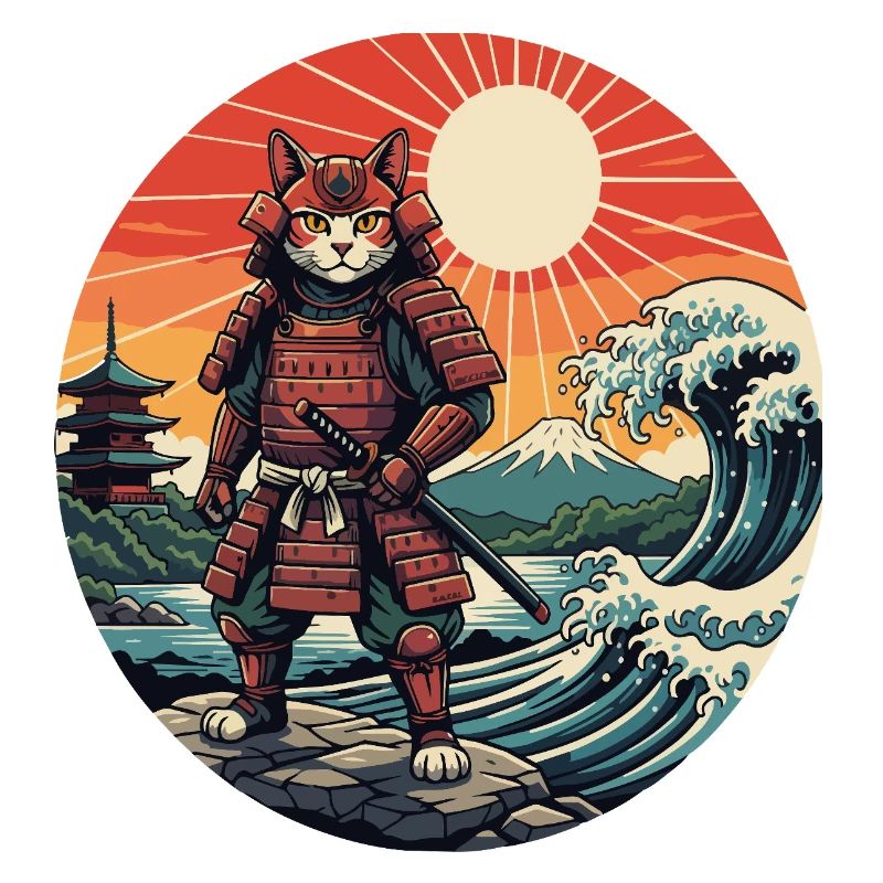 Le chat samouraï aux vagues du coucher du soleil