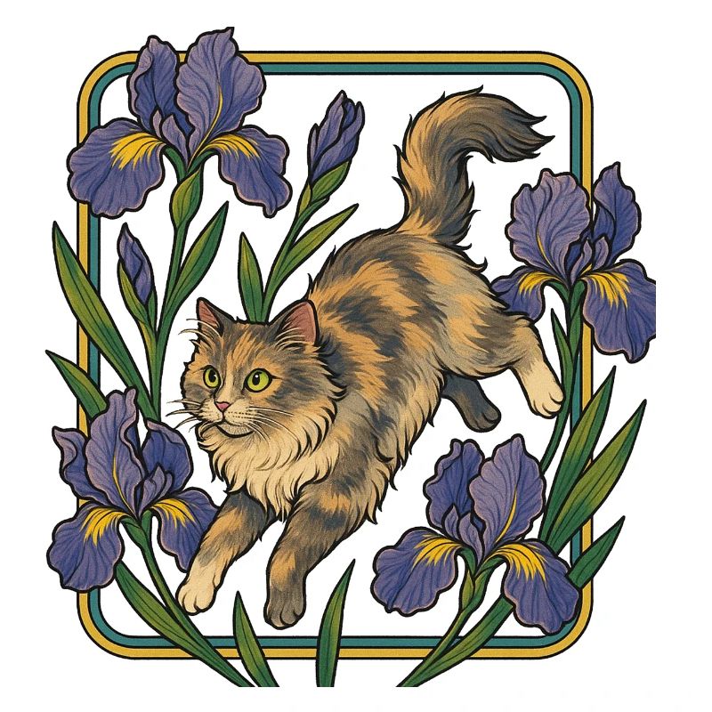 Chat élégant parmi les fleurs d'iris