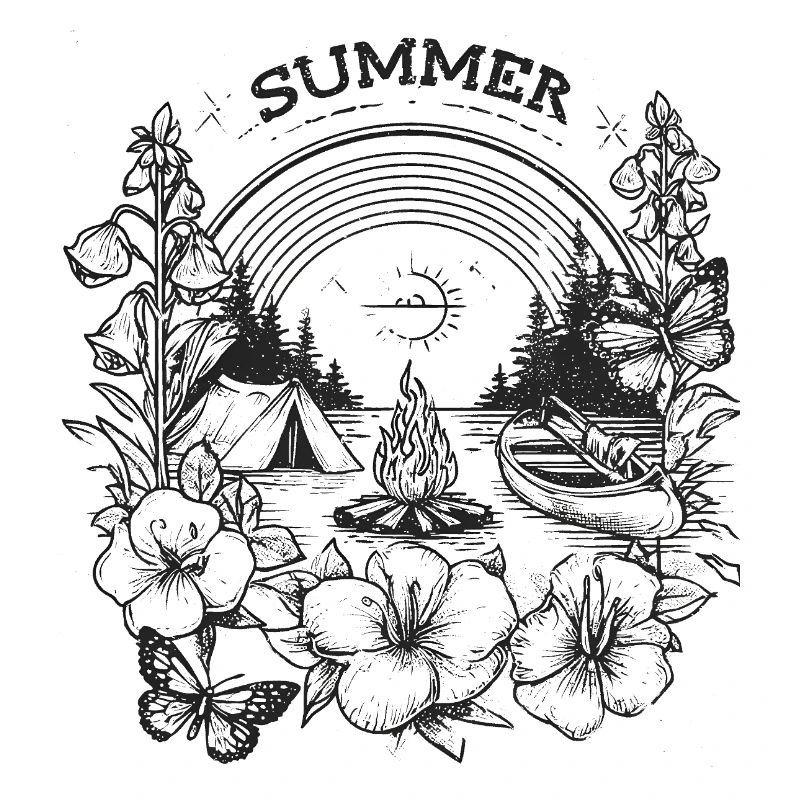 ÉTÉ - Motif de camping avec feu de camp et canoë