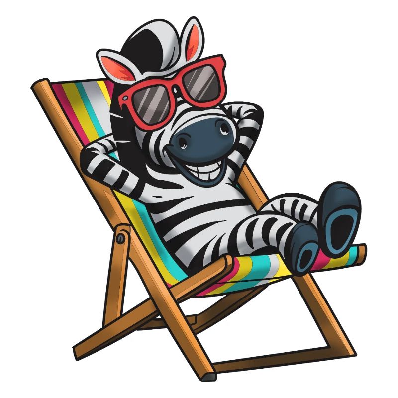 Zebra relaxing in deck chair with colorful stripes