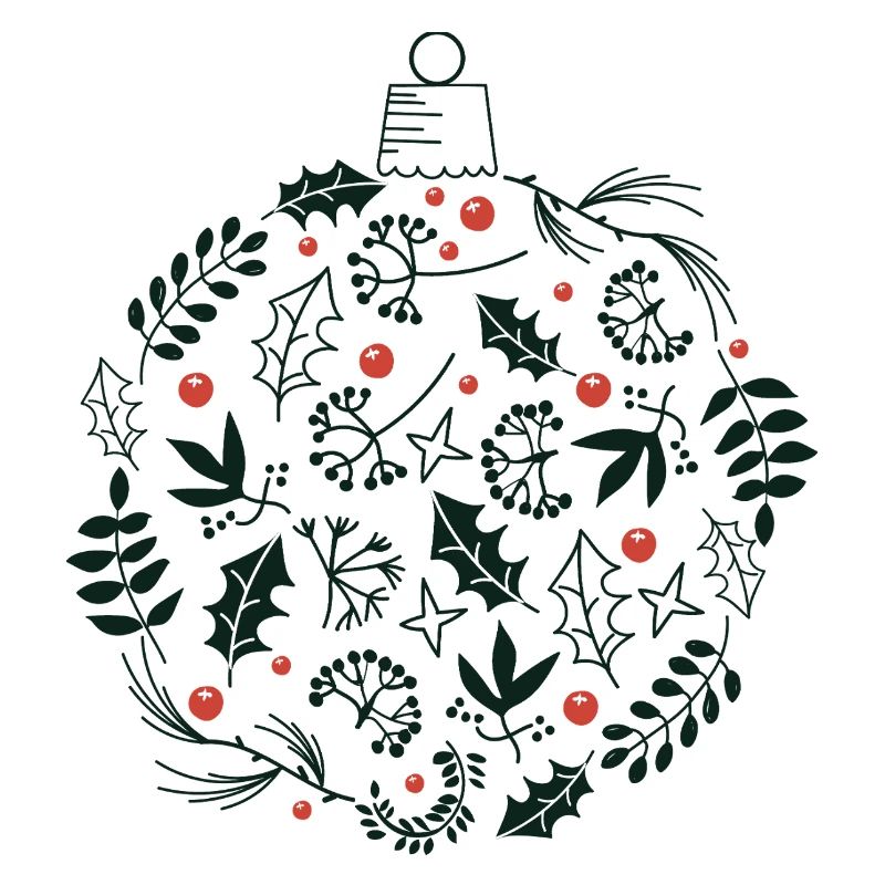 Weihnachtskugel mit Stechpalme und Vogelbeerblättern