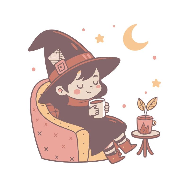 Cute Cozy Little Witch Drinking Her Tea