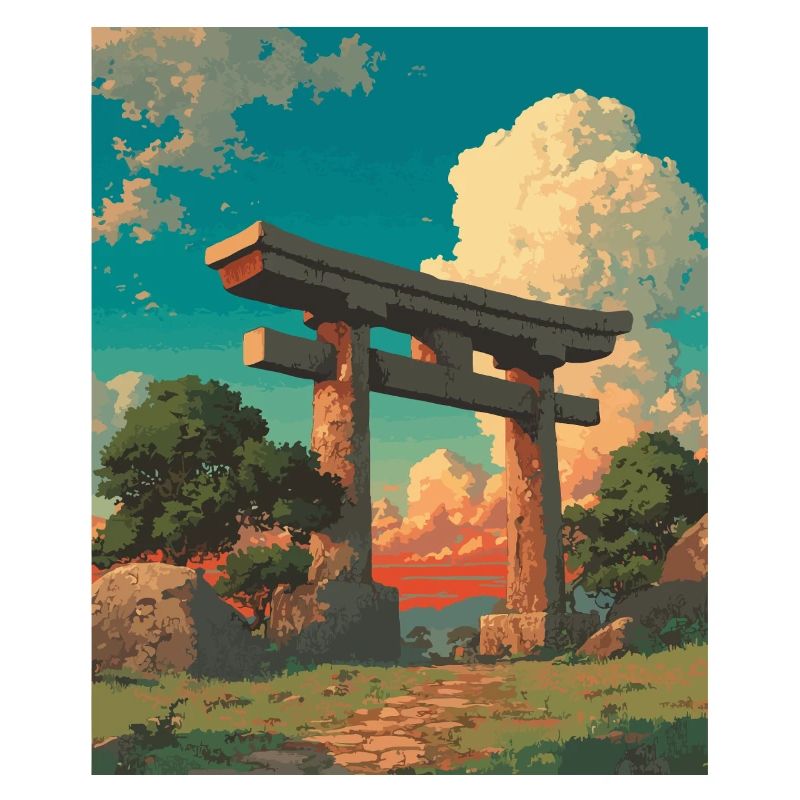 Sunset Behind Traditional Torii Gate