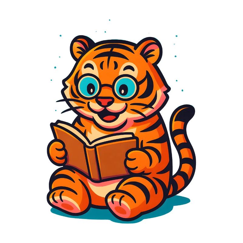 Verspielter Tiger mit Brille und Buch