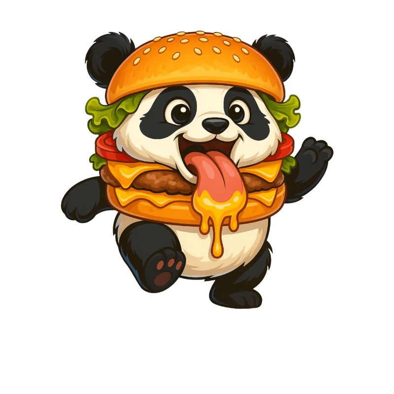 Funny panda with hamburger dancing fast food