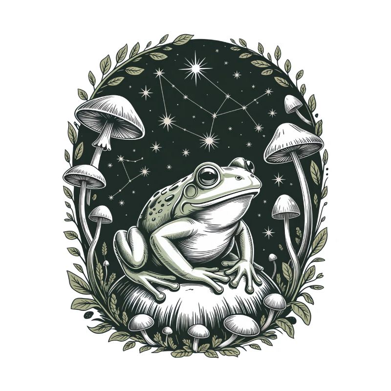 Cosmic frog with constellations and mushrooms