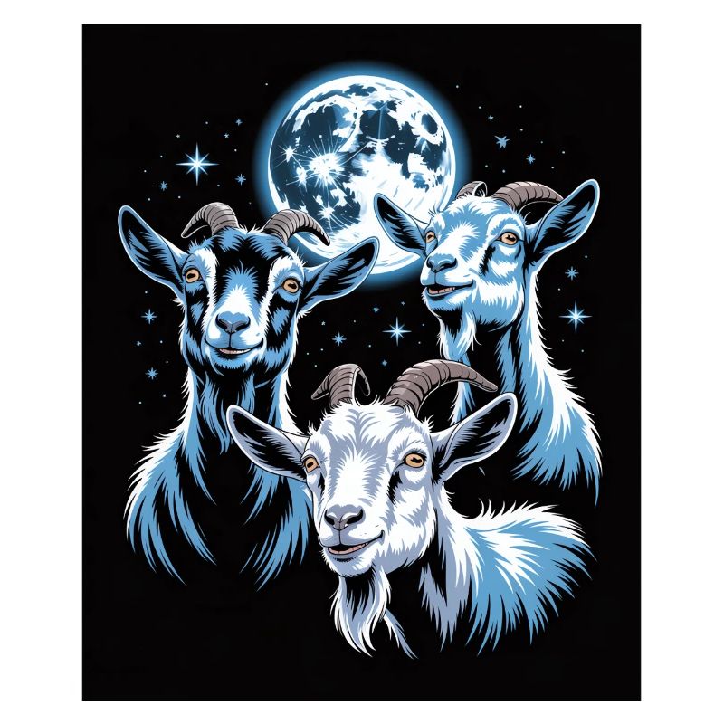 Three goats under full moon night sky