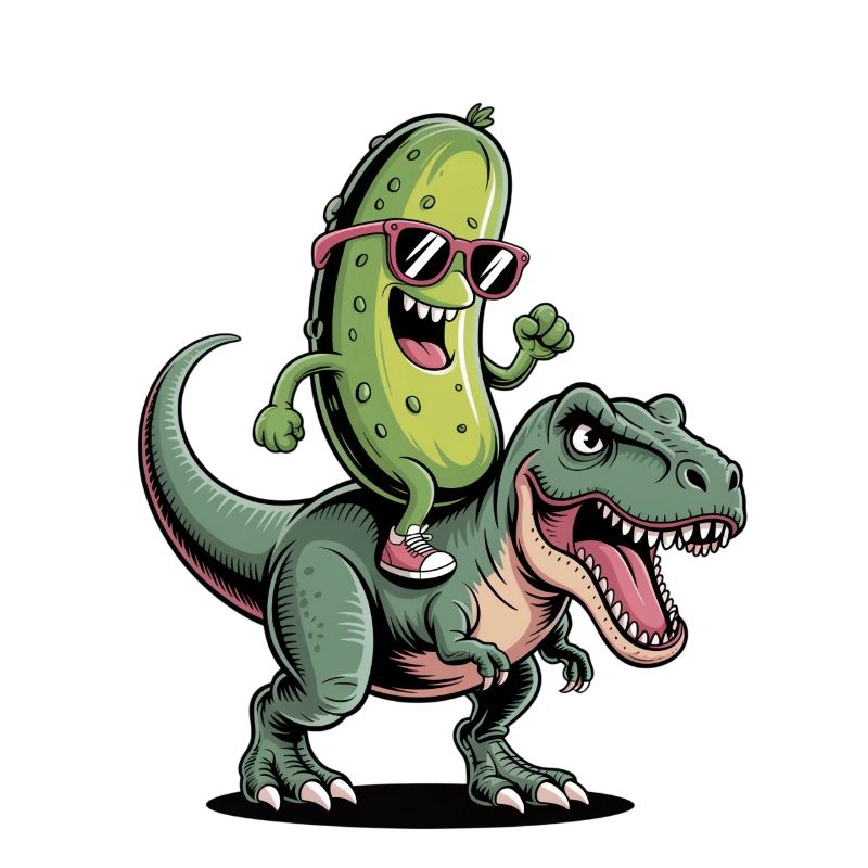 Sour cucumber rides dinosaur