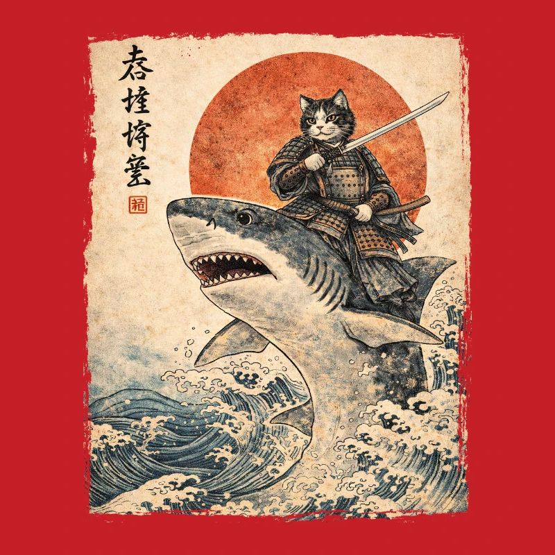 Samurai Cat Riding Shark Japanese Ukiyoe