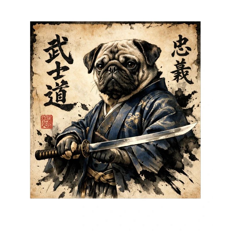 Samurai Pug Japanese Calligraphy Artwork