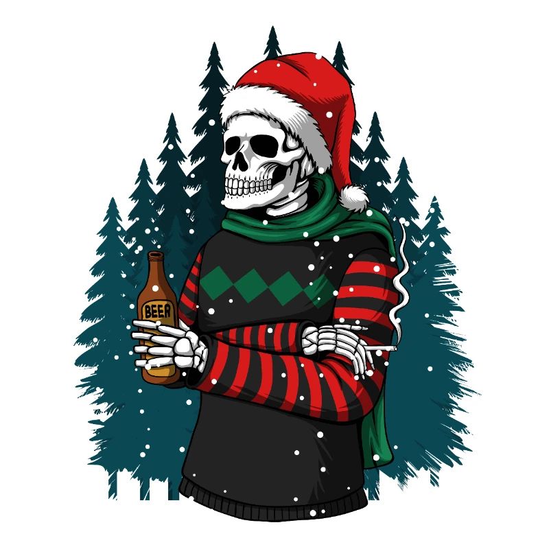 Skeleton in Santa hat drinking beer in winter forest