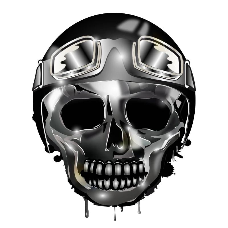 Chrome Skull with Retro Motorcycle Helmet and Goggles