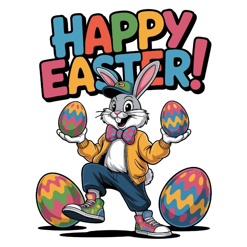 Easter Bunny Cartoon with Colorful Eggs