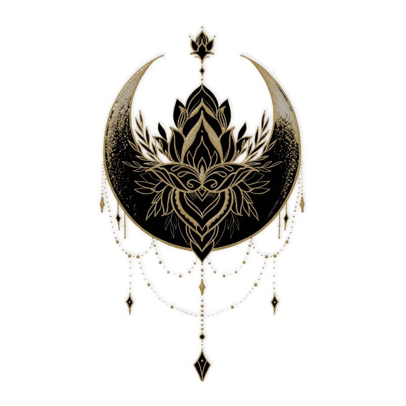 Superbe lune noire dorée avec fleur de lotus.