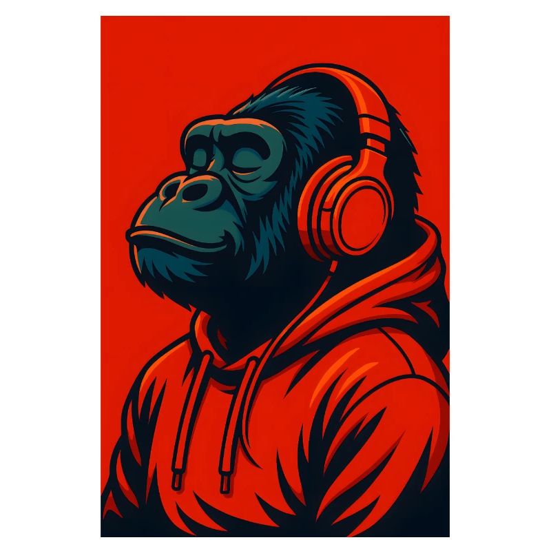 Gorilla im Kapuzenpullover mit Kopfhörern
